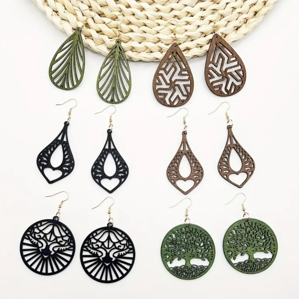 6 Pair Set Wooden Boho Dangle Earrings